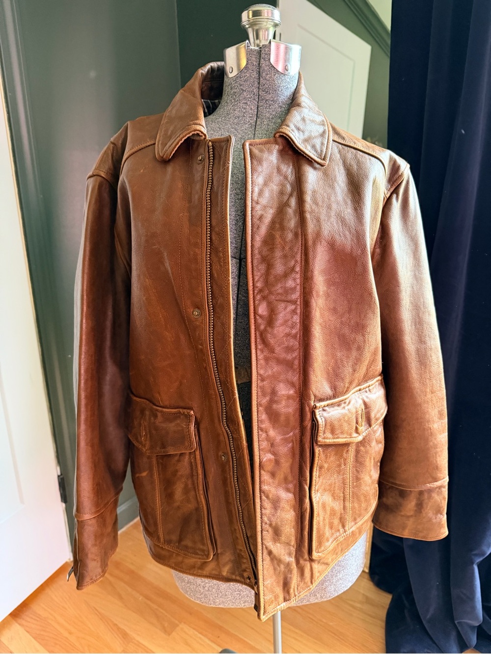 Vintage Brown Leather Bomber Jacket